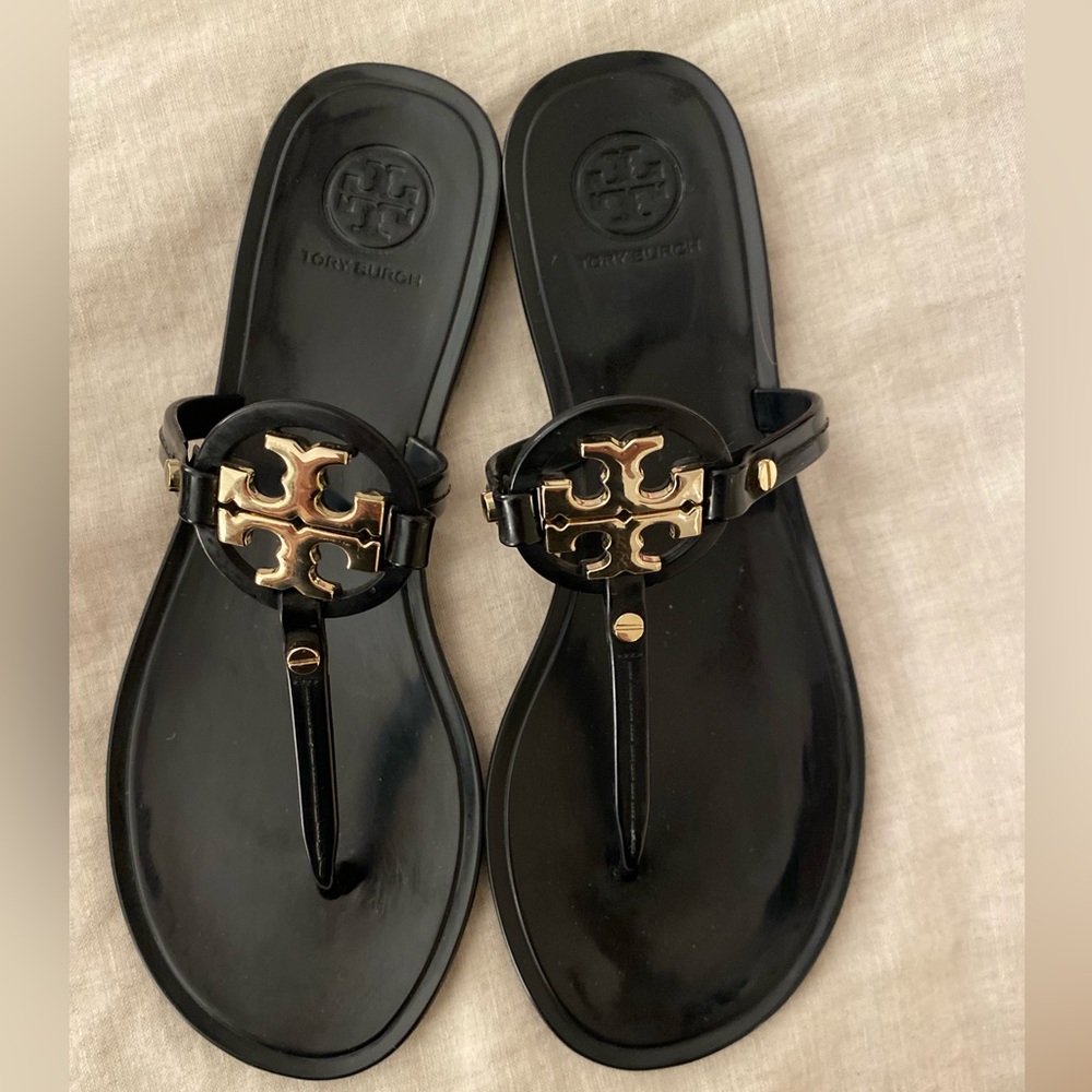 Tory Burch Mini Miller Jelly Sandals in black with gold logo NWOB